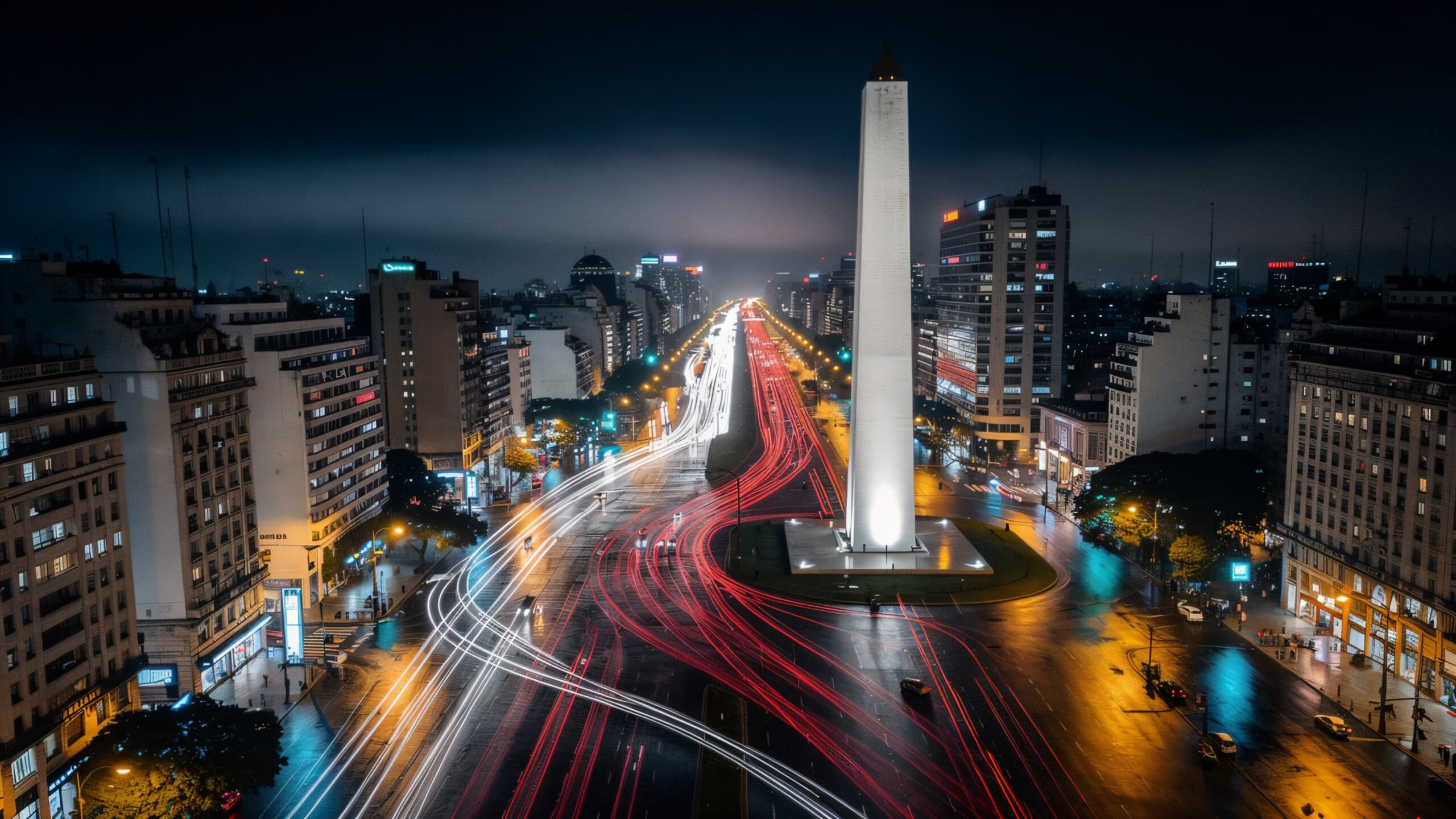 Vista aérea nocturna del Obelisco y la Avenida 9 de Julio, Buenos Aires